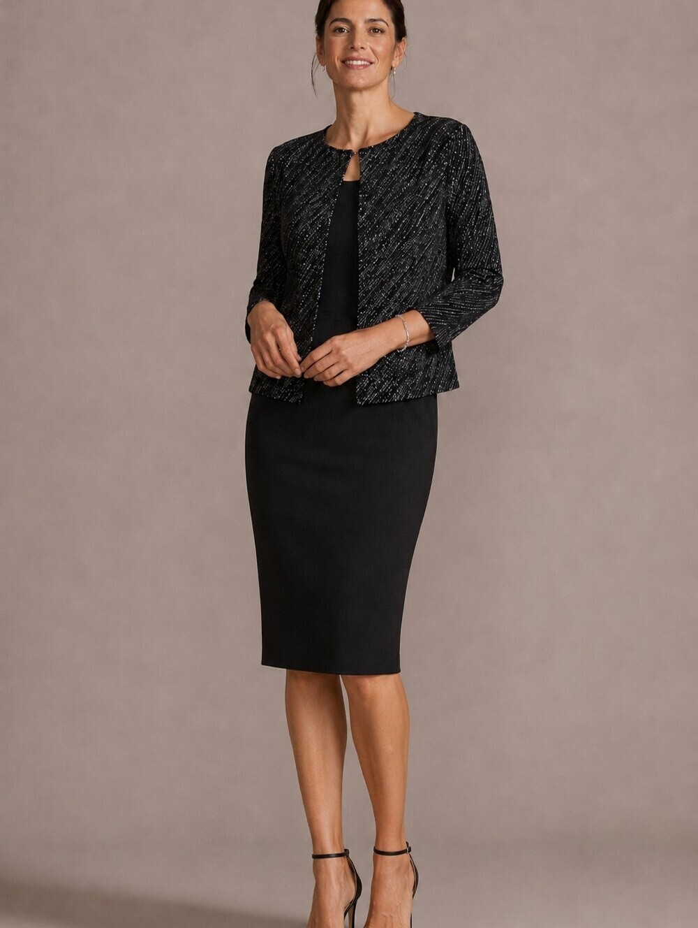 Black and Silver Embellished Subtle Sparkle Jacket With Satin Top. Festive.